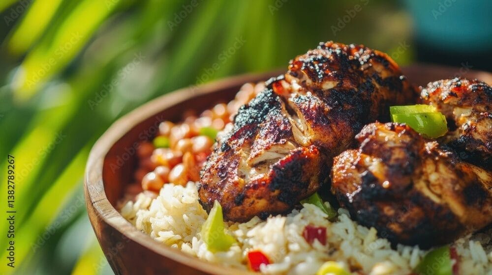 Grilled jerk chicken served with rice and peas is an iconic Jamaican recipe